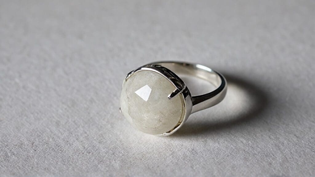 A round-cut dolomite gemstone ring set in silver, featuring a translucent white stone with subtle veining, resting on a neutral fabric background.
