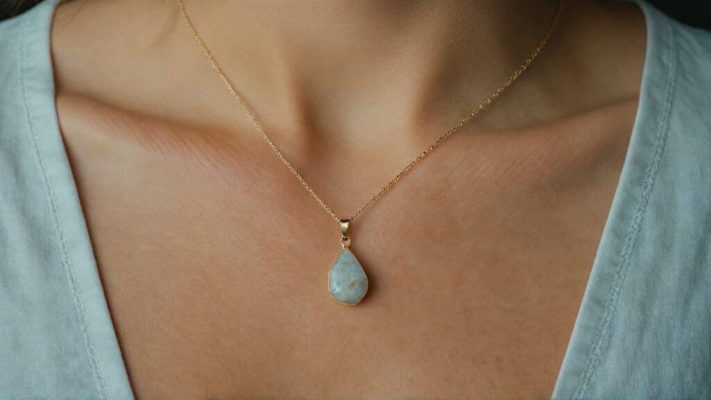 A delicate gold chain necklace featuring a teardrop-shaped dolomite stone pendant, elegantly worn by a model.