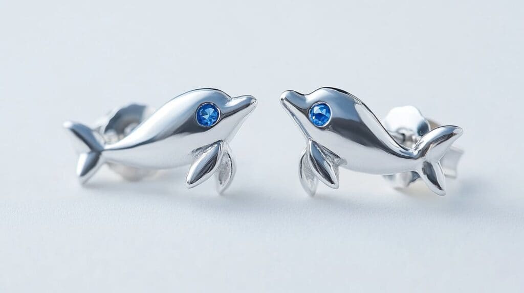 Silver dolphin stud earrings featuring sparkling blue crystal eyes, embodying elegance and ocean-inspired beauty.