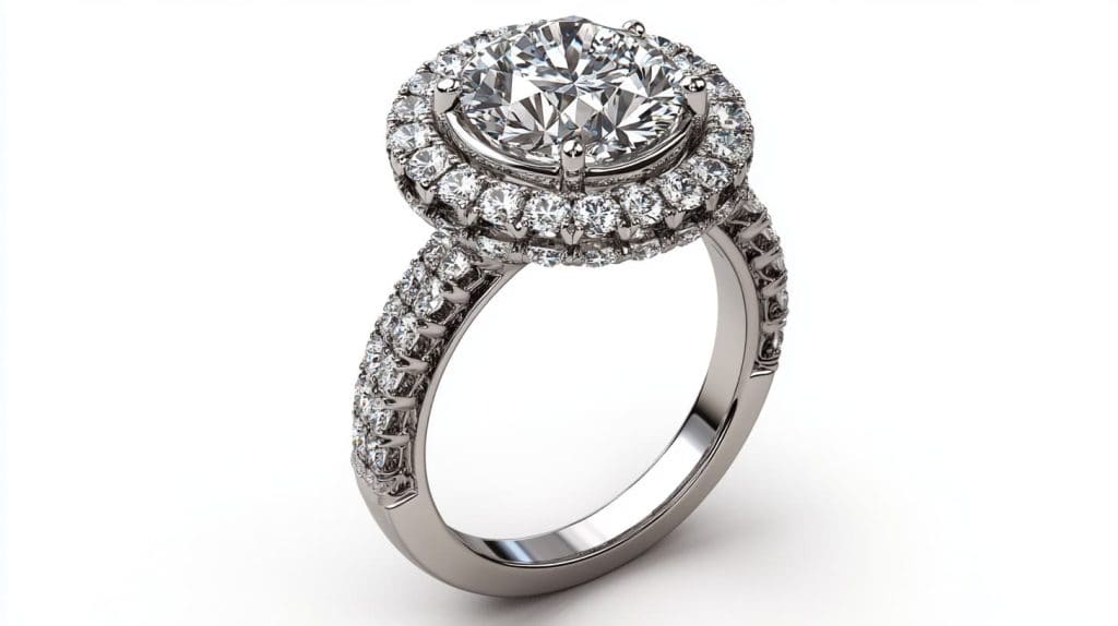 Elegant double halo engagement ring with a round diamond center stone, showcasing two rows of accent diamonds from a side profile view.