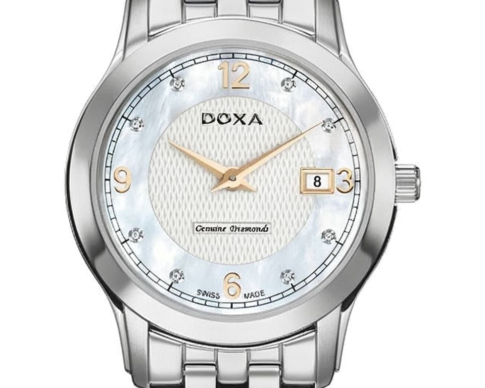Doxa Genuine Diamonds automatic dress watch with mother of pearl dial and stainless steel bracelet showcasing Swiss craftsmanship