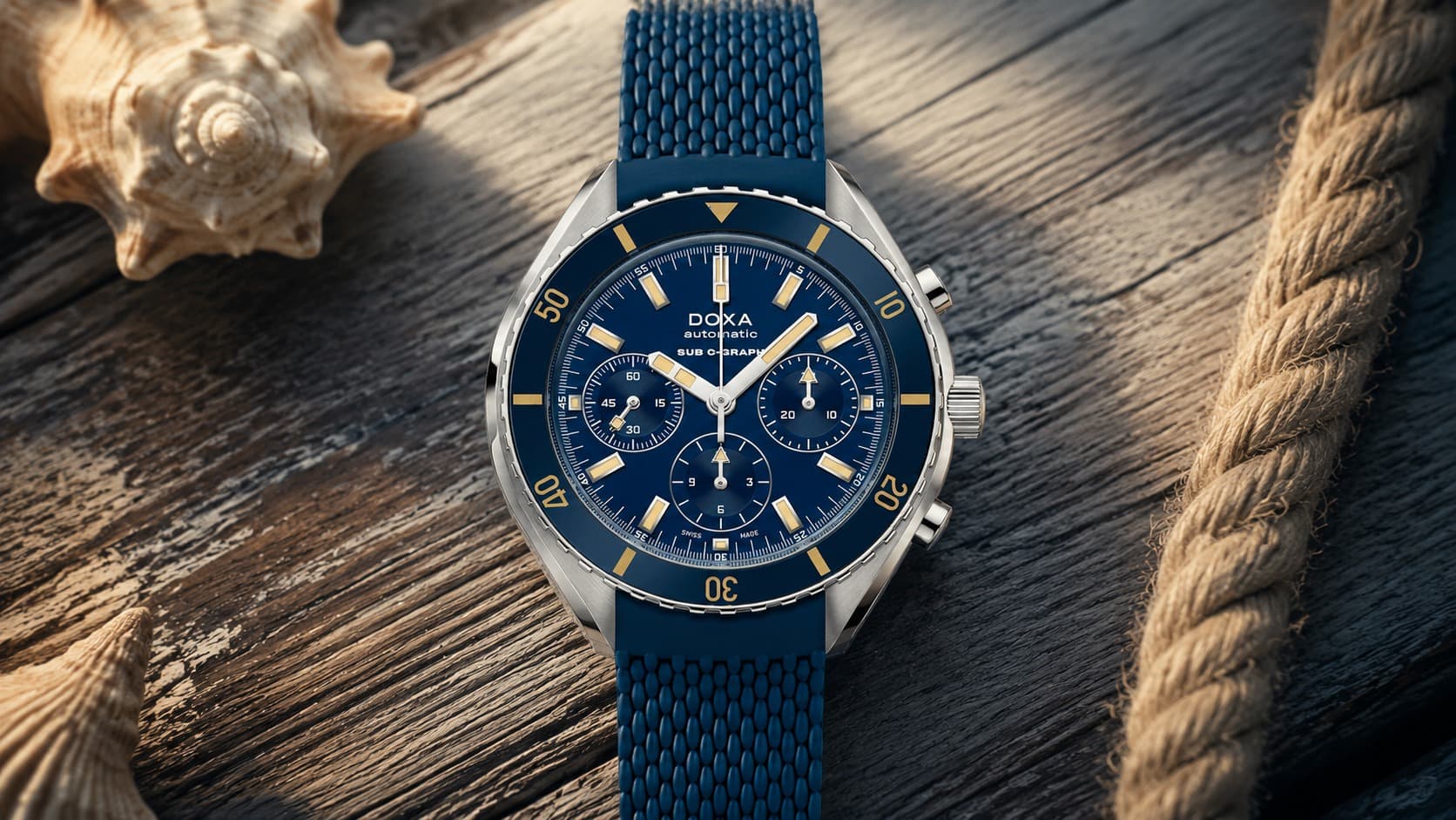 Doxa SUB 200 C-GRAPH Caribbean blue chronograph watch on wood with rope and seashells