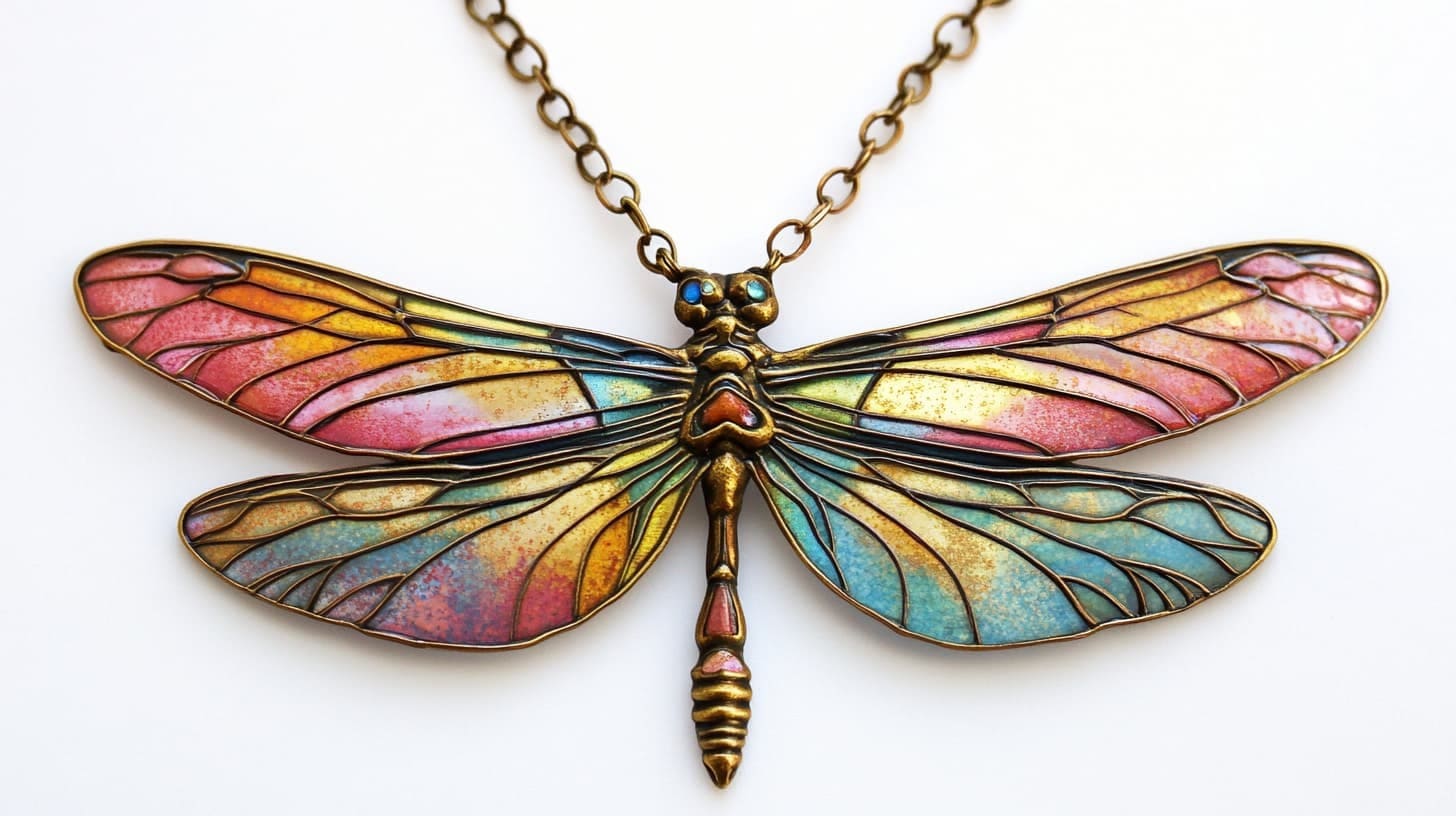 Bronze dragonfly pendant with iridescent stained-glass-style enamel wings