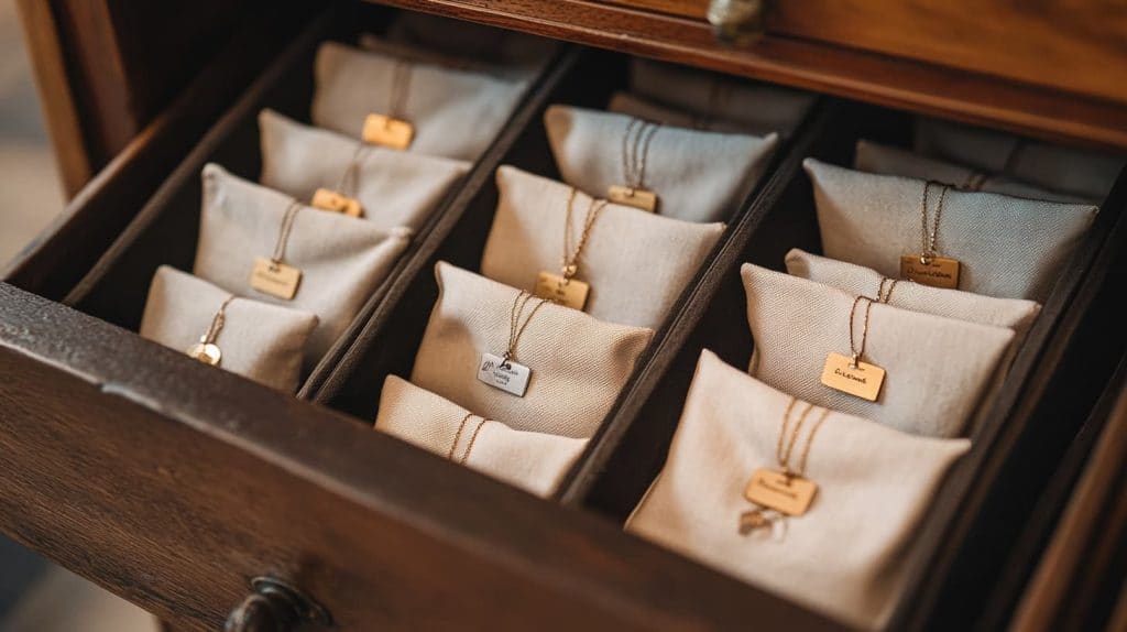 A wooden drawer neatly organized with individual fabric pouches holding gold necklaces, preventing tangles and scratches.
