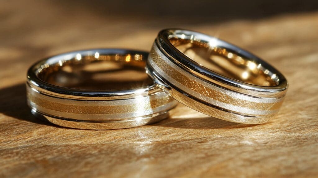 Close-up of dual-tone platinum and gold wedding bands with textured finishes on a wooden surface, showcasing elegance and durability.