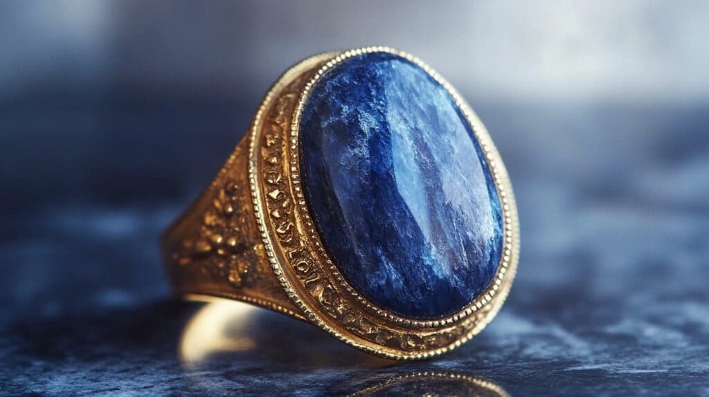 Statement ring with a Dumortierite gemstone set in an ornate gold band, showcasing the stone's striking blue color and textured finish.