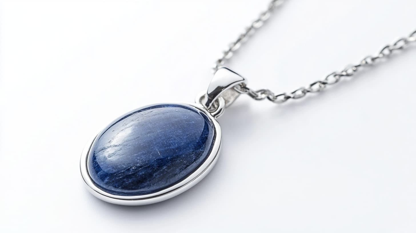 Oval blue dumortierite cabochon in a silver bezel pendant on a chain