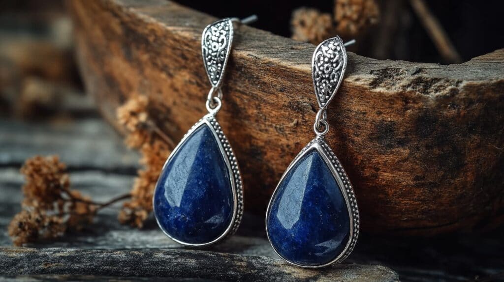 Pair of teardrop Dumortierite earrings with intricate silver settings, highlighting the gemstone's vibrant blue color and natural texture.