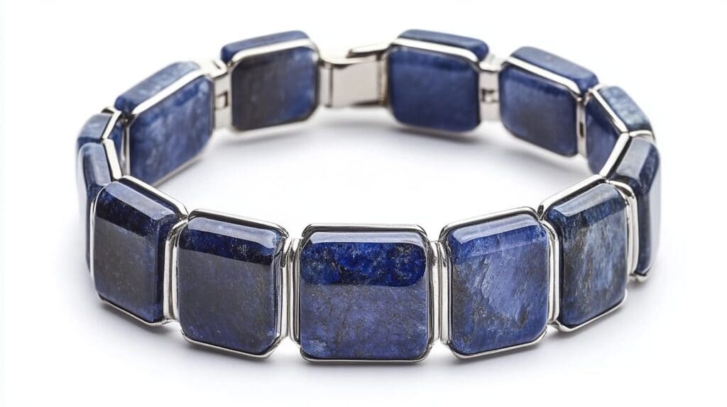 Dumortierite bracelet featuring rectangular polished gemstones in silver settings, emphasizing its deep blue hues and modern design.