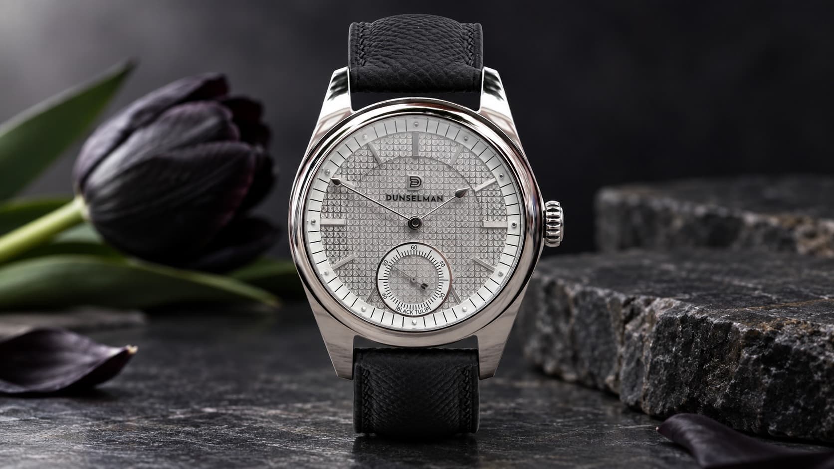 Dunselman Black Tulip watch with silver textured dial and black leather strap