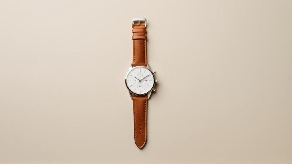 Modern Dutch chronograph watch with white dial, dual subdials, and tan leather strap exemplifying contemporary Netherlands watchmaking craftsmanship