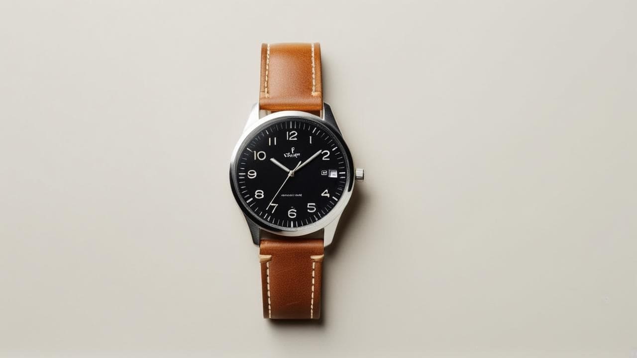 Minimalist watch with black dial, Arabic numerals and tan leather strap on beige