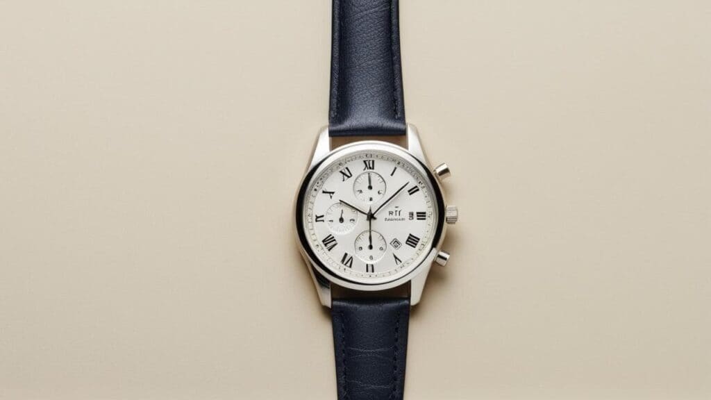 Elegant Dutch chronograph watch with white dial, Roman numerals, three subdials, and black leather strap showcasing classic horological design