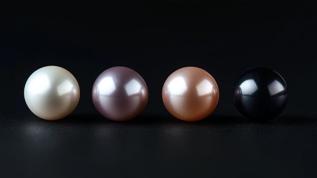 Four freshwater pearls in white, purple, peach, and black, showcasing different dyed color treatments against a black background.