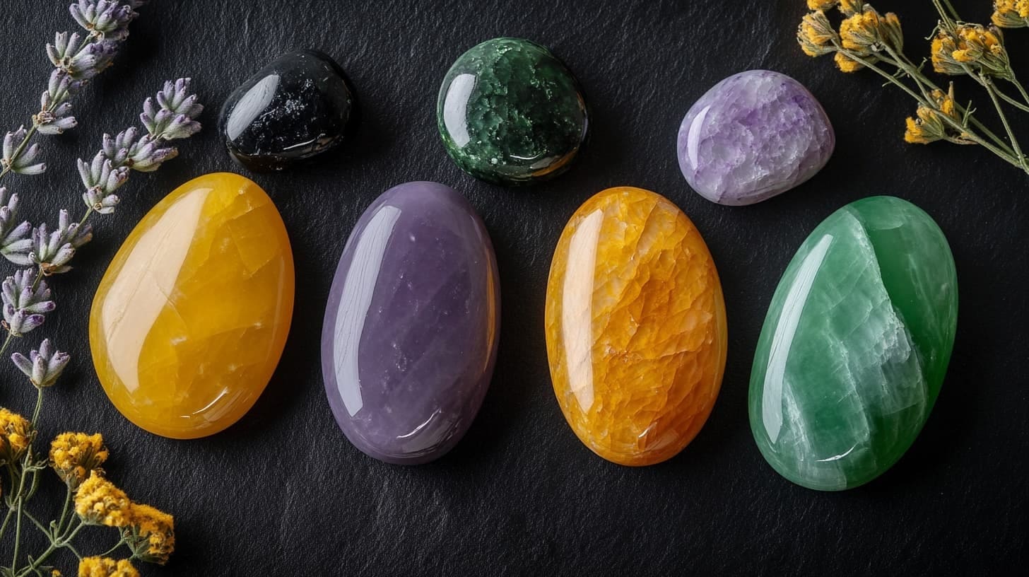 Seven tumbled stones in yellow, purple, orange, green and black on slate