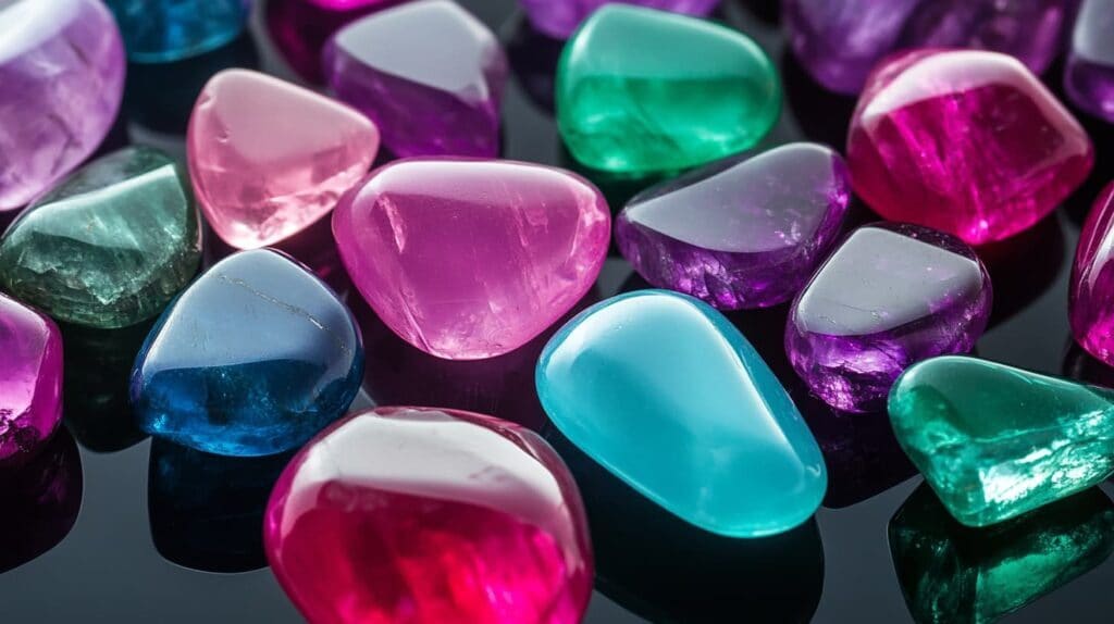 A close-up of brightly colored tumbled gemstones, including pink, blue, green, and purple stones, commonly enhanced through dyeing techniques.