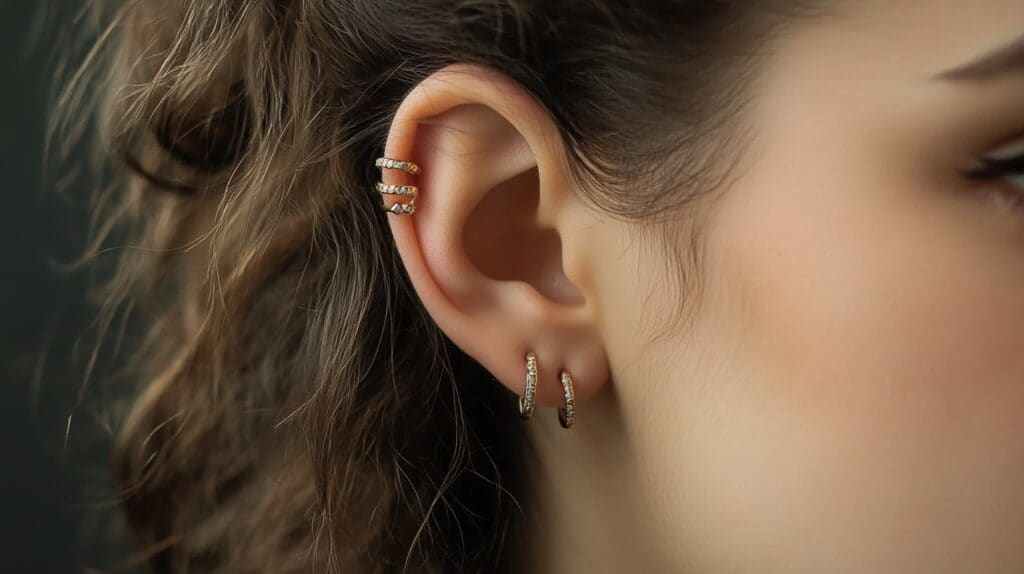 Close-up of an ear wearing a gold ear cuff and small hoop earrings, demonstrating a minimalist and chic earring combination.