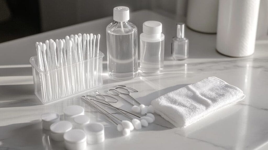 Essential earring hole cleaning supplies including cotton swabs, saline solution, and cleaning tools arranged on white surface