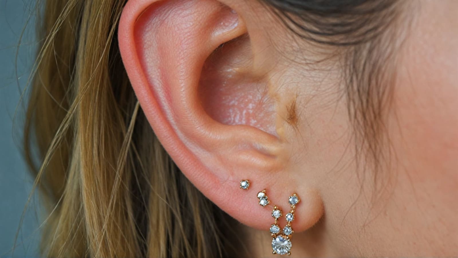 Ear with multiple lobe piercings wearing gold crystal studs and jacket earring