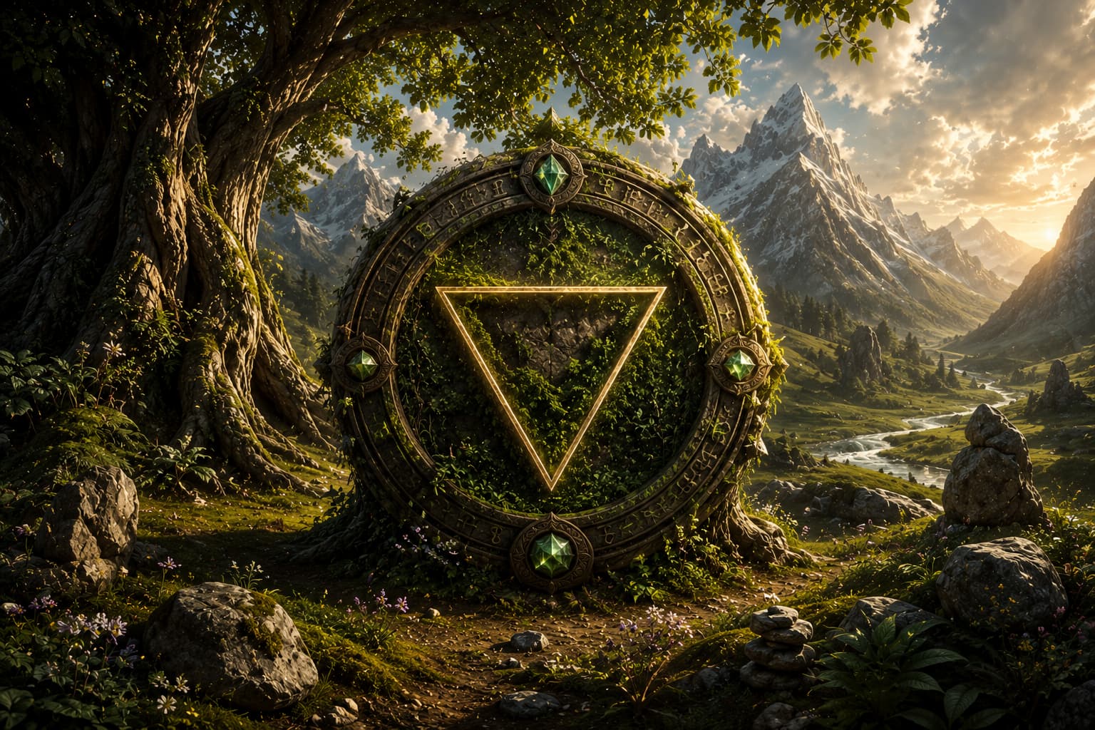 Earth element zodiac symbol carved in stone and surrounded by moss and mountains