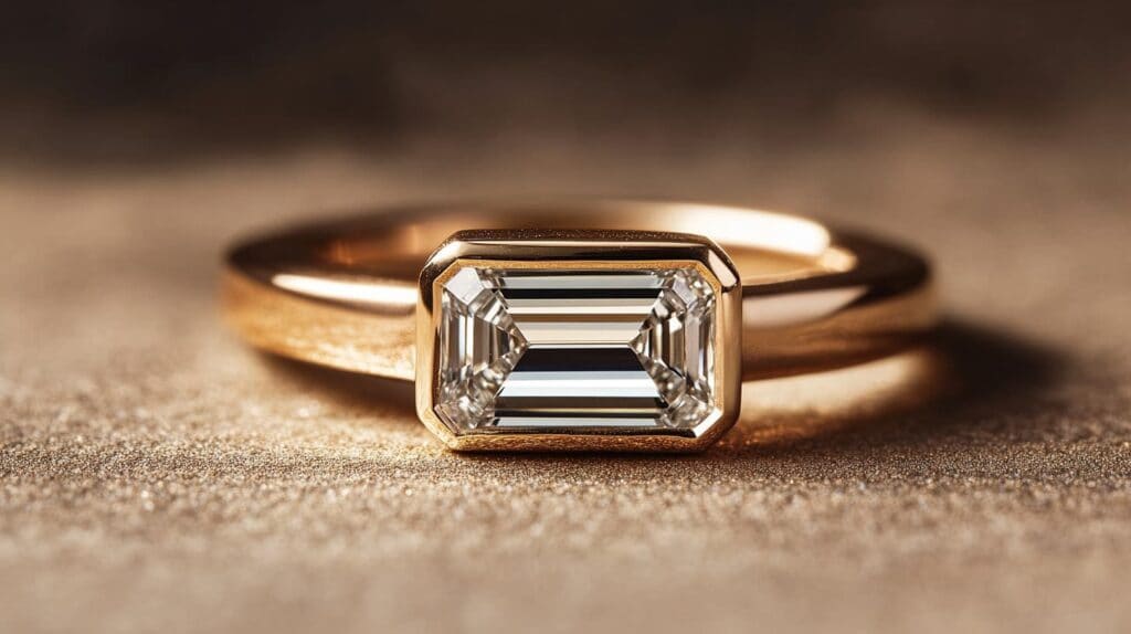 Close-up of an East-West emerald-cut diamond ring set in a gold bezel setting, highlighting its modern and elegant design.