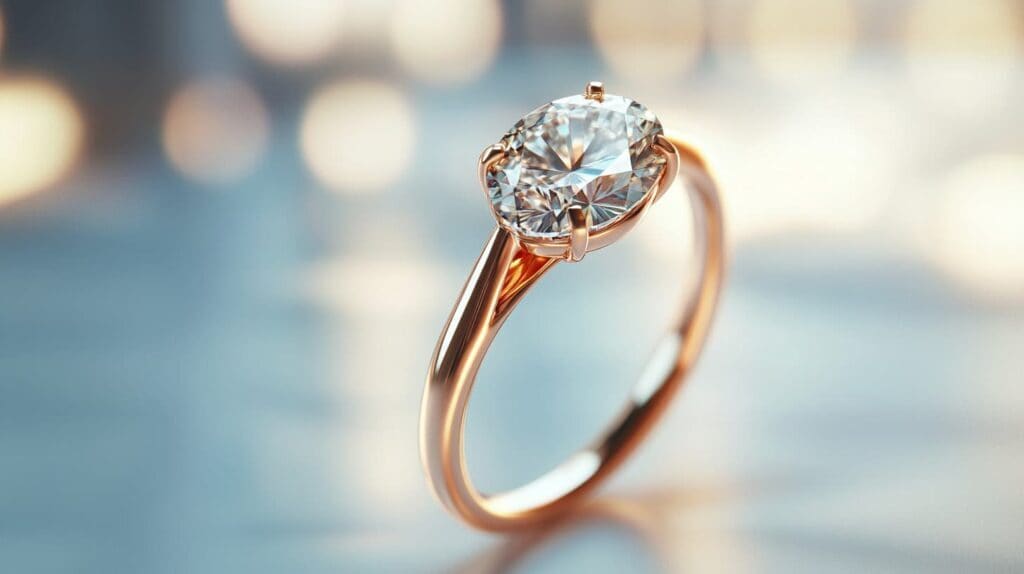 An elegant East-West oval-cut diamond ring set in a rose gold band, reflecting a contemporary and sophisticated jewelry design.