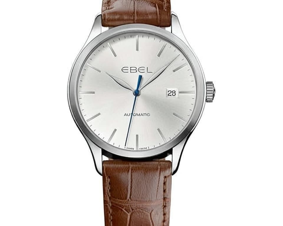 Ebel automatic Swiss watch with silver dial, blue hands, and brown leather strap showing date display at 3 o'clock