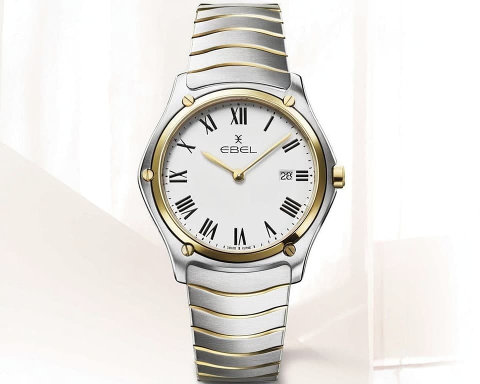 Ebel Sport Classic in two-tone steel and gold with white Roman dial and wave bracelet