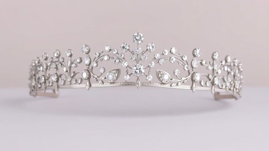 Edwardian platinum diamond tiara with flowing garland motifs, featuring multiple round diamonds in delicate openwork design typical of early 1900s royal jewelry
