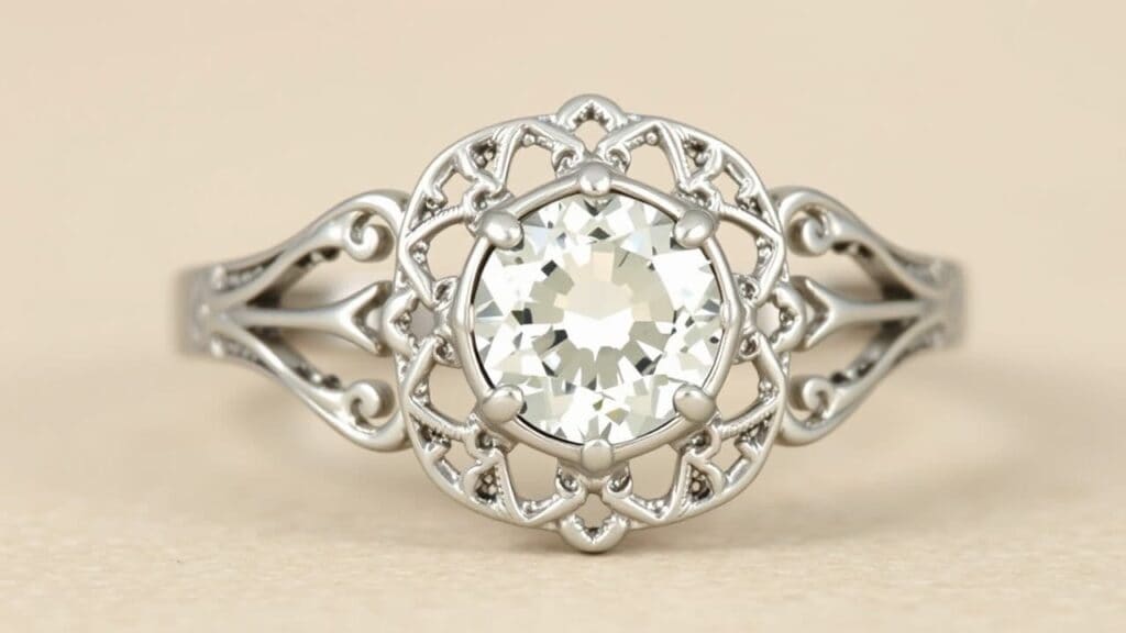 Edwardian platinum engagement ring with ornate filigree halo surrounding center diamond, featuring intricate scrollwork and milgrain detailing characteristic of 1901-1910 era