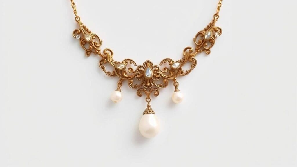 Edwardian gold necklace with elaborate scrollwork pendant featuring three hanging pearls and intricate filigree metalwork in classic garland style