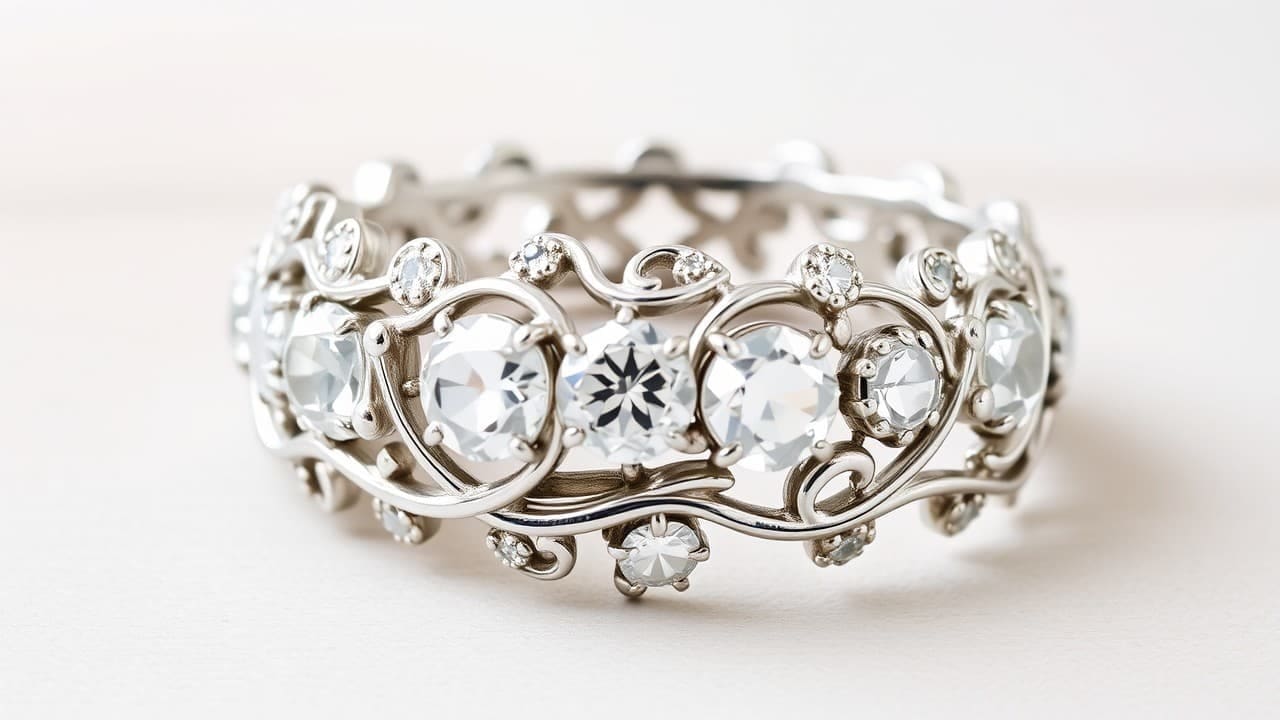 Edwardian platinum band with diamonds set in swirling filigree scrollwork