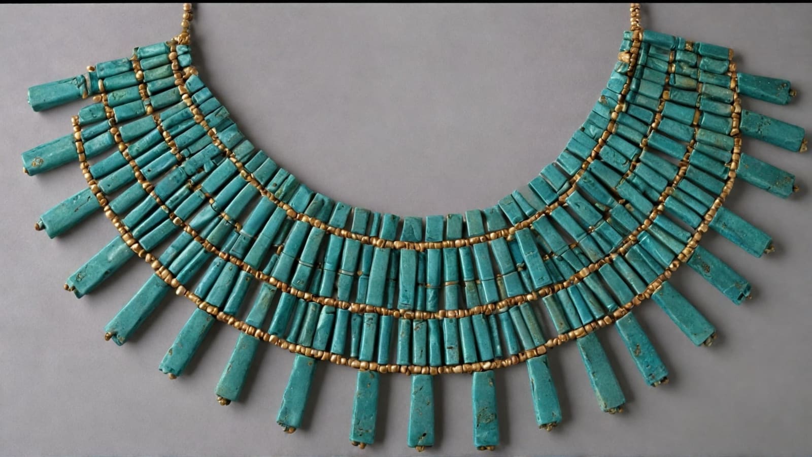 Egyptian broad collar necklace of turquoise faience tube beads and gold spacers
