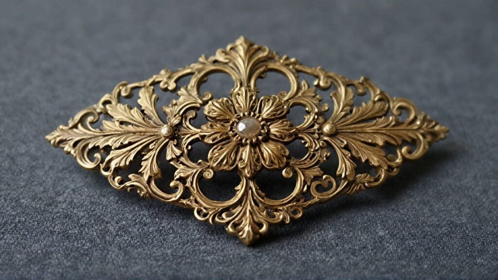 Elaborate Victorian Pinchbeck brooch featuring intricate filigree design in golden brass with floral motifs showing the fine craftsmanship of antique copper-zinc alloy jewelry