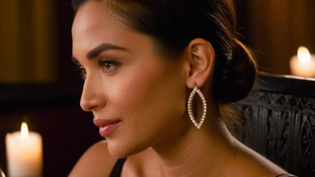 A woman wearing diamond earrings at a romantic candlelit dinner, highlighting refined jewelry for an evening date.