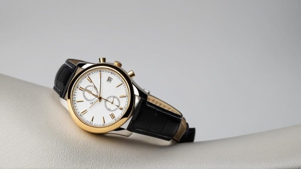 Elegant luxury chronograph watch with gold case, white dial, and black leather strap showcasing classic dress watch styling