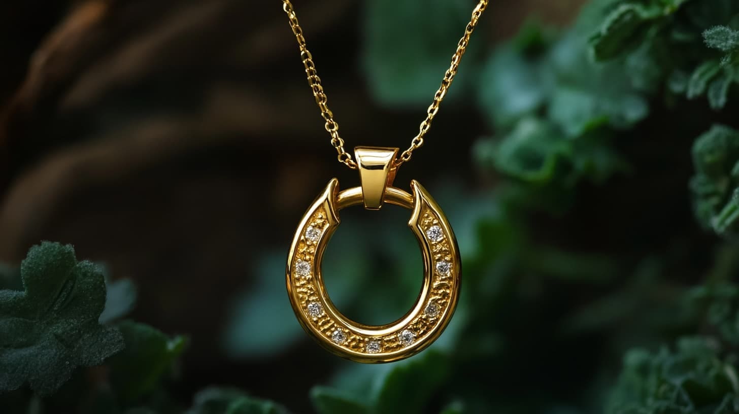 Gold horseshoe pendant set with small diamonds, hanging against dark green foliage
