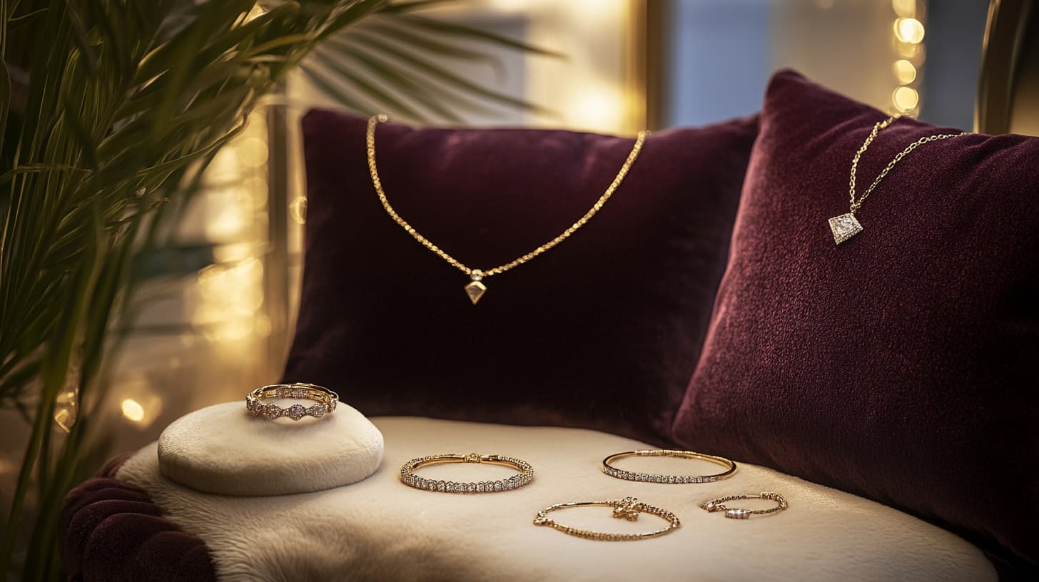 Gold diamond necklaces, bracelets and a ring displayed on cream fur beside plum velvet cushions