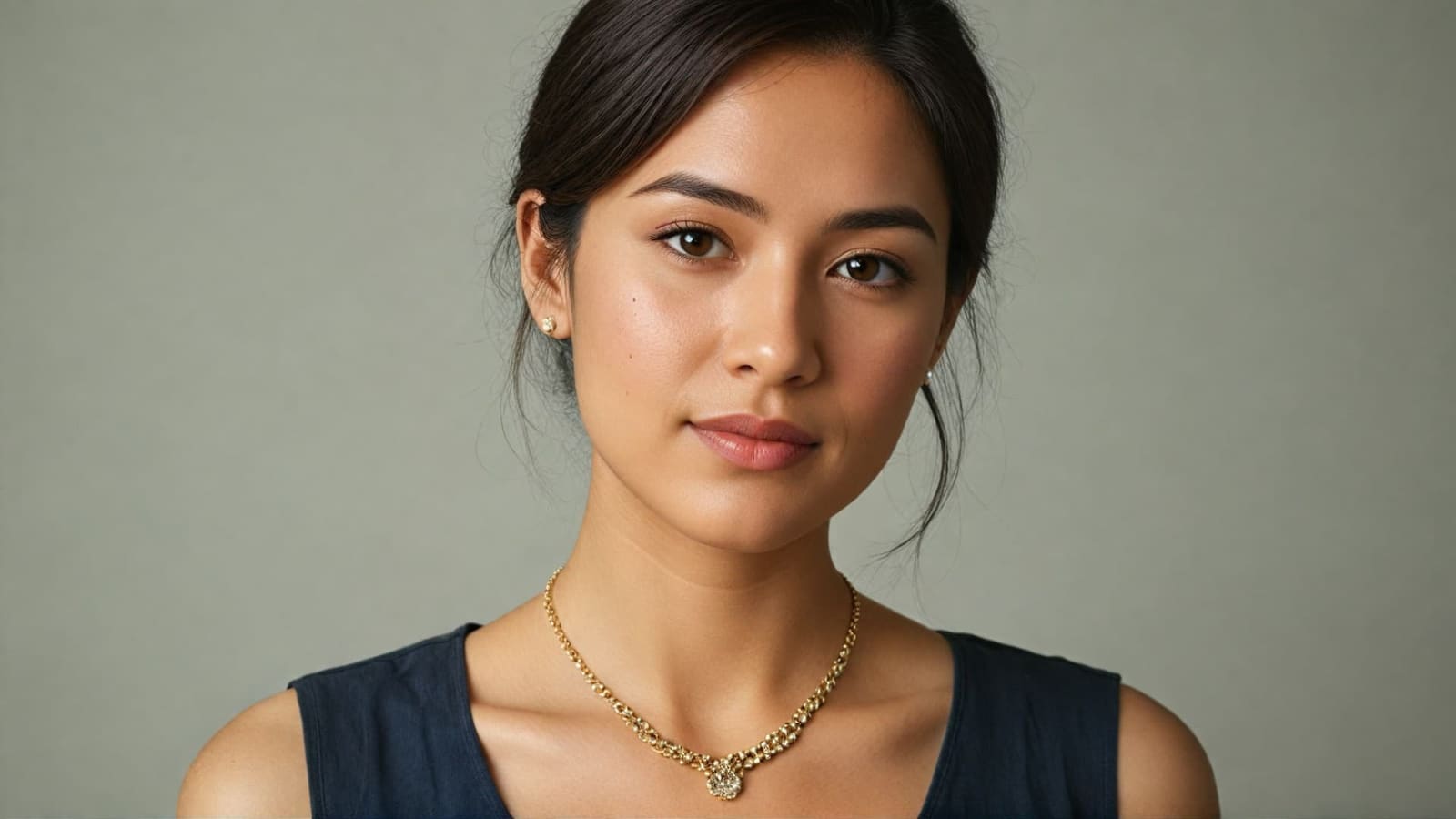 Woman in a navy top wearing a gold chain necklace with pendant and stud earrings