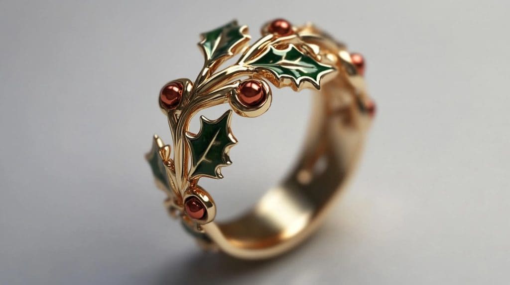Gold ring with elegant holly leaf design, green enamel details, and red accents symbolizing resilience and eternal life.