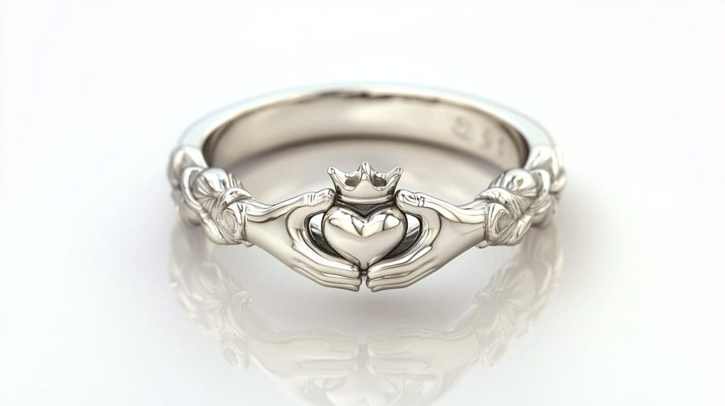 An elegant silver Claddagh ring featuring finely detailed hands and a crowned heart, shown on a reflective white surface to highlight its timeless Irish design.