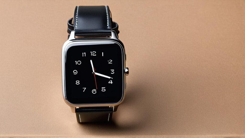 Smartwatch with premium stainless steel case and black leather band showing traditional analog clock face with white numerals and hands