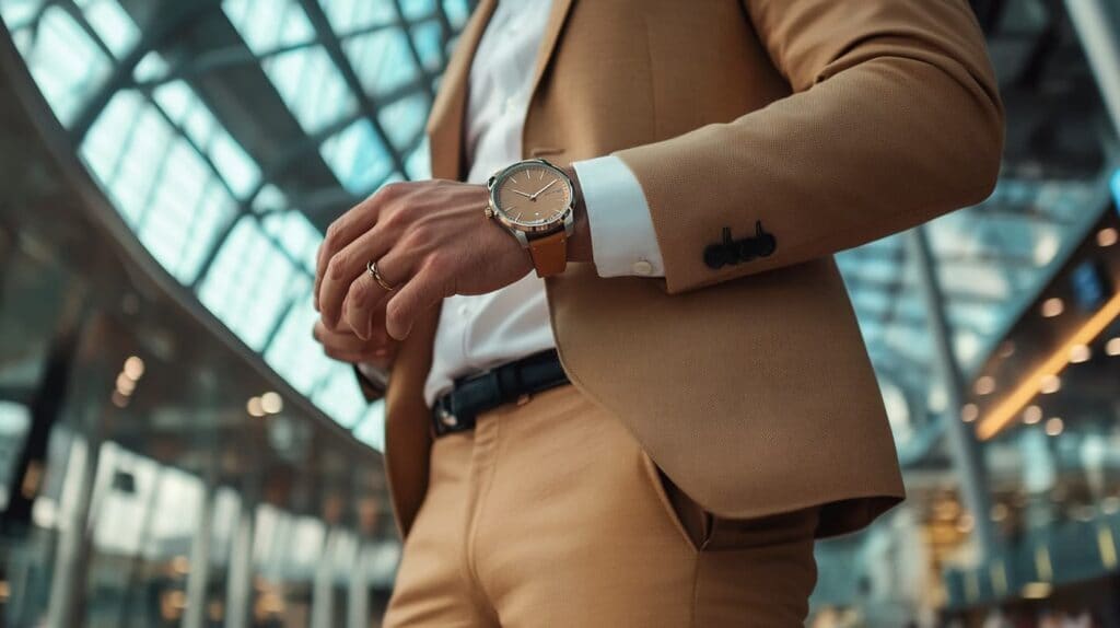 A well-dressed man in a tan suit wearing an elegant watch with a brown leather strap, standing in a modern glass building.