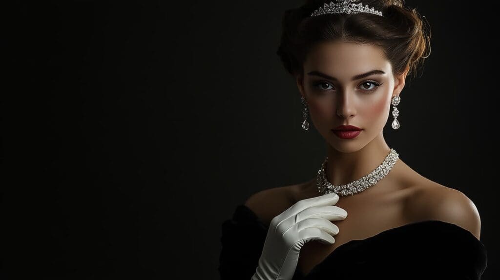 A glamorous woman in a black gown, wearing a diamond necklace, earrings, and tiara, embodying the refined elegance required for white tie events.