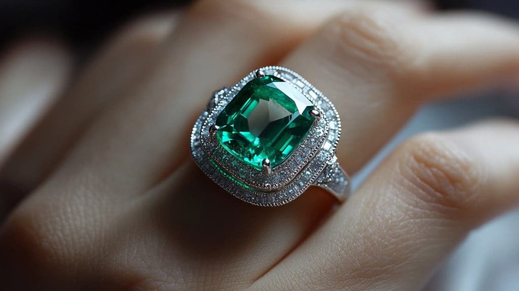 Emerald cocktail ring with a diamond halo setting, showcasing an elegant and bold statement jewelry design.