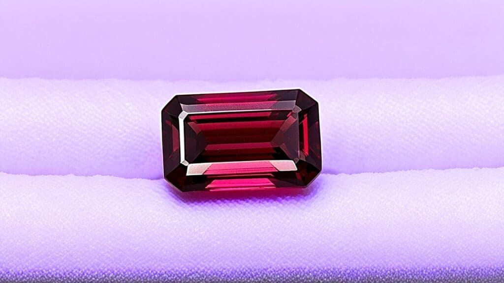 A deep red emerald-cut almandine garnet gemstone with sharp facets, resting on a soft purple cushion.