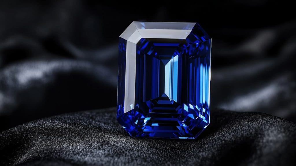 A close-up of a loose emerald-cut blue sapphire with vivid deep blue hues, displayed on a soft black fabric background.