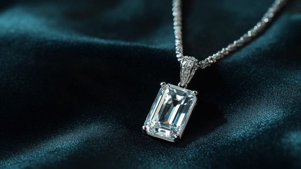 Elegant emerald-cut danburite pendant on a silver chain, placed on a luxurious dark fabric background, highlighting its clarity and brilliance.