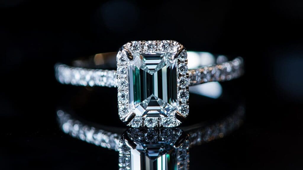 Luxurious emerald cut diamond engagement ring with a halo setting and diamond-encrusted band, reflecting light beautifully on a dark background.