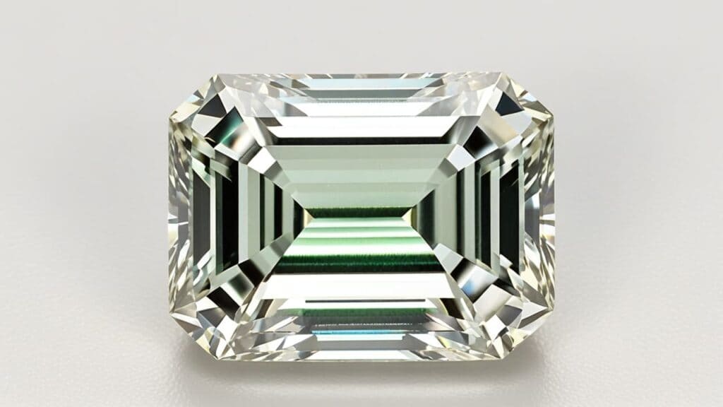Emerald cut diamond displaying crystal structure and hardness properties used in professional gemological testing